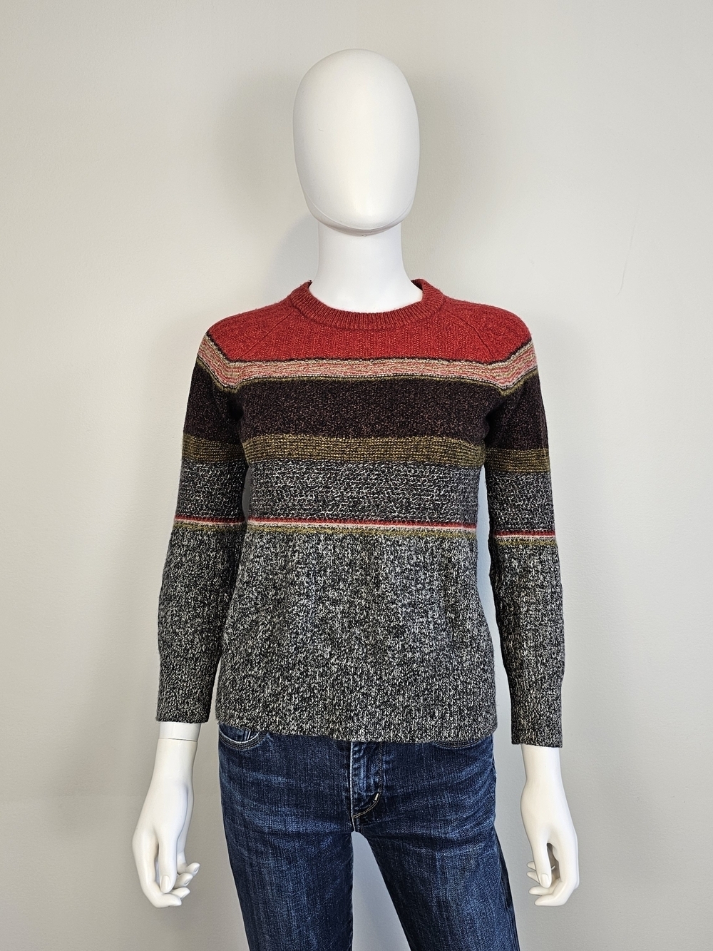 Roots Red Grey & Green Striped Wool Sweater Sz XS